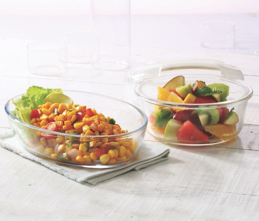Borosil Bake n Store Set-Glass Storage Containers With Lids ( Microwave & Oven Safe) Oval Dish 700 ml + Klip n Store 620 ml
