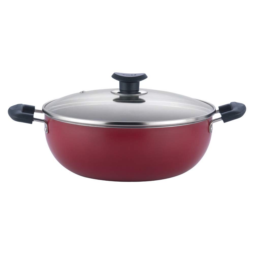 Vinod Zest Non-Stick Deep Kadai with Glass Lid- 22 cm, 2.6 L (Induction Friendly, Red Black)