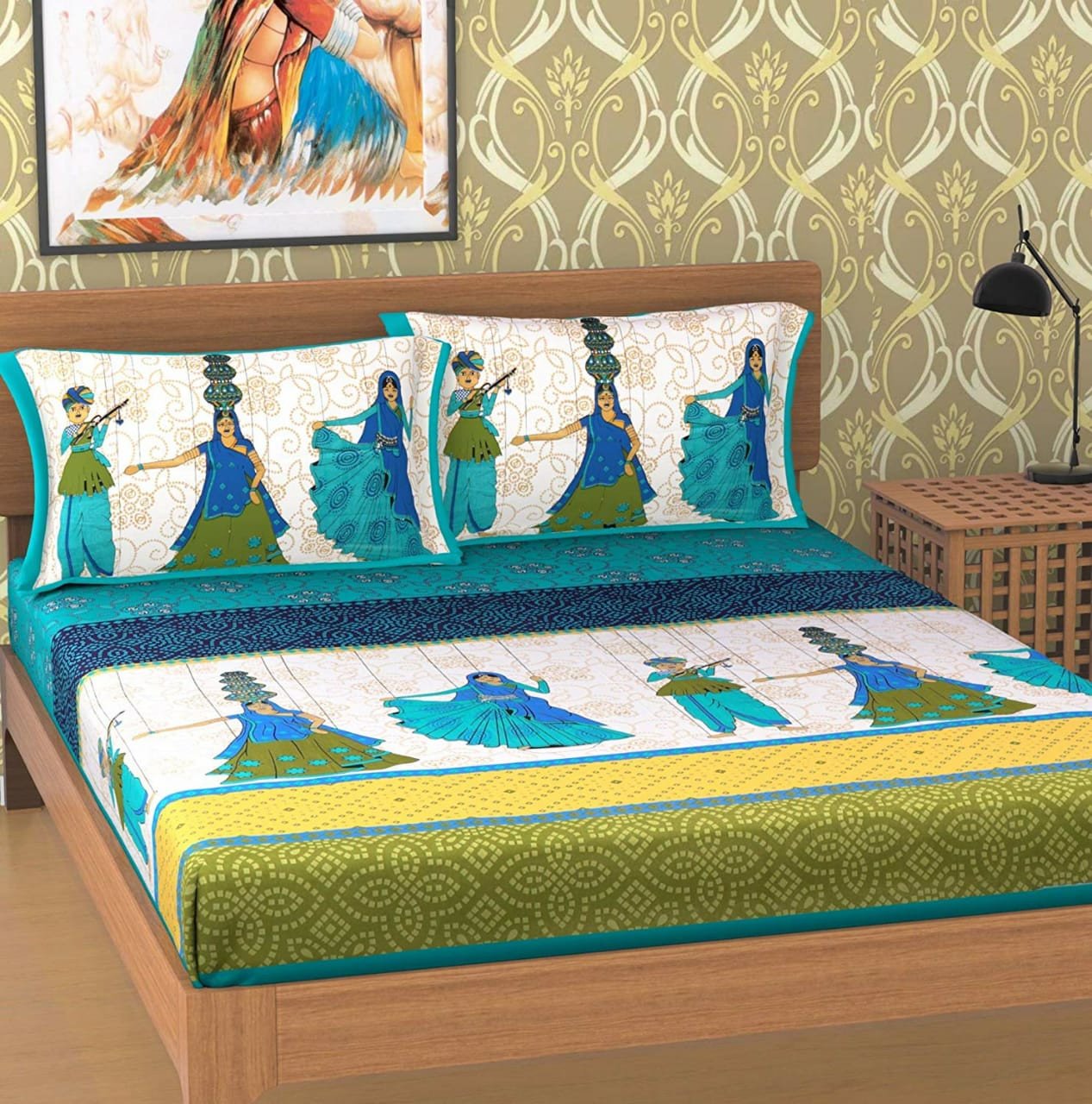 Sanganeri Mart Jaipuri Prints Cotton Bed sheet For Double Bed With Two Pillow Cover Size 85 x 95 Inch