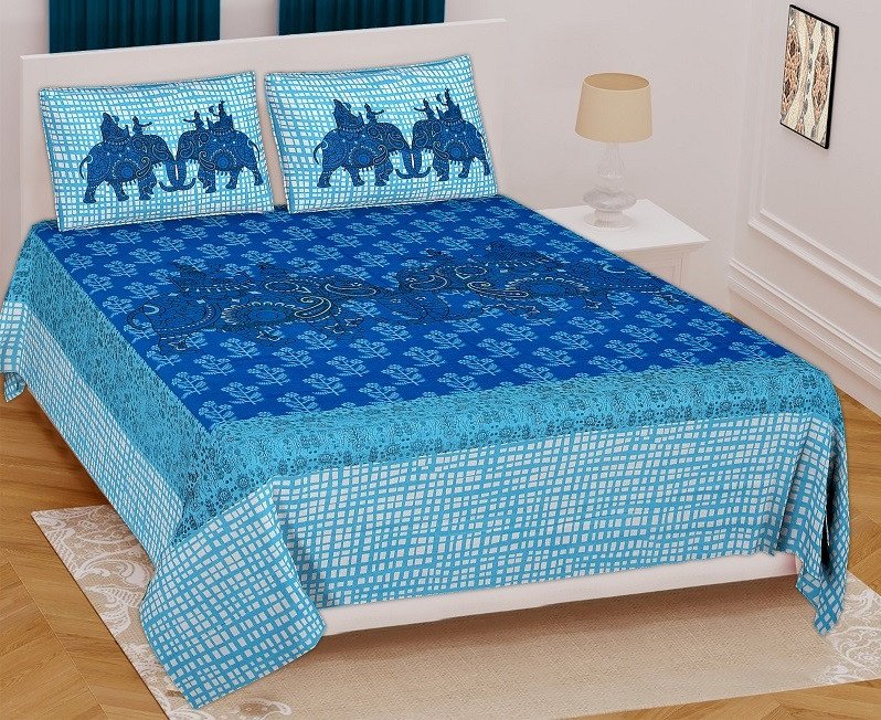 Sanganeri Mart Jaipuri Prints Cotton Bed sheet For Double Bed With Two Pillow Cover Size 85 x 95 Inch