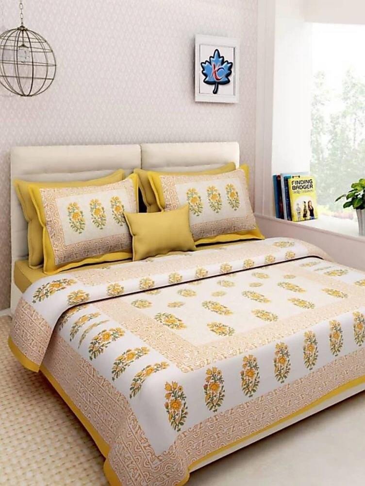 Jaipuri Prints Cotton Bed sheet For Double Bed With Two Pillow Cover Size 85 x 95 Inch