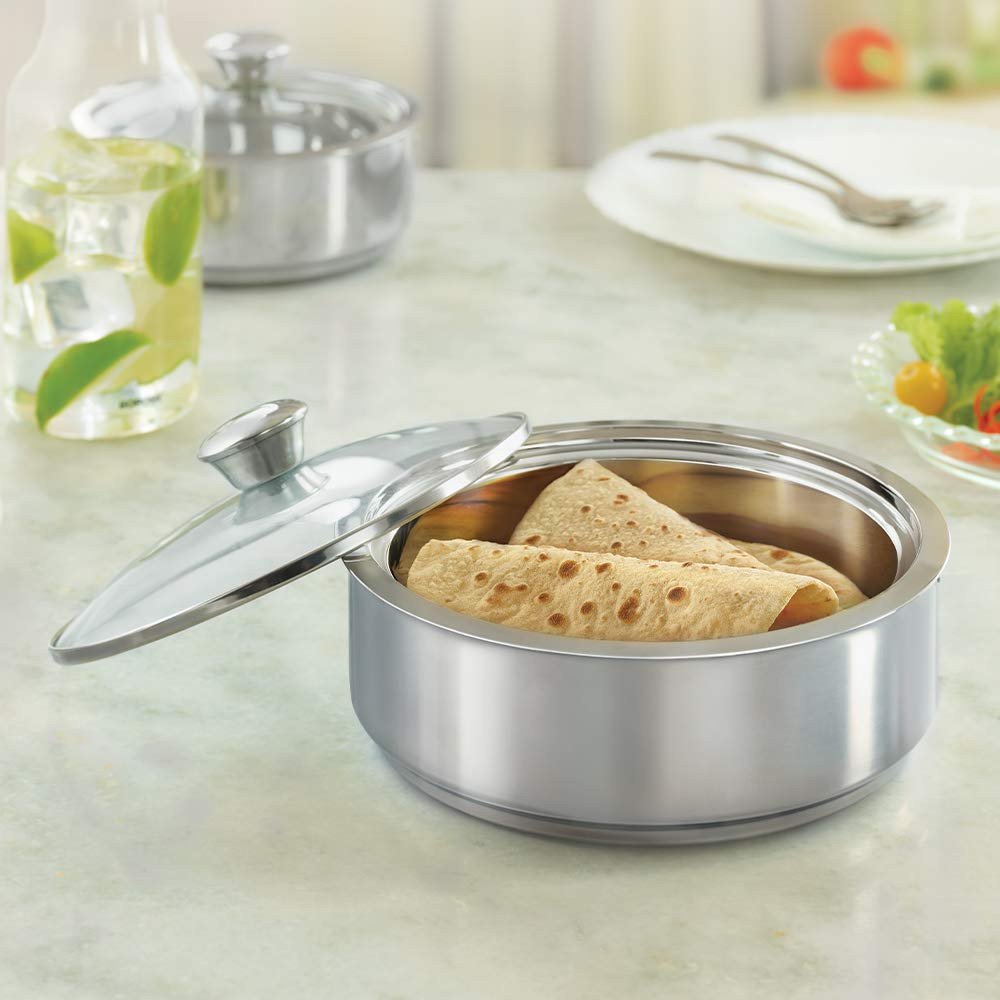 Borosil Stainless Steel Insulated Roti Server - 1.1L, Silver
