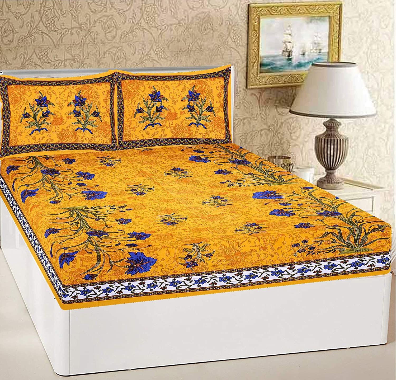 Sanganeri Mart Jaipuri Prints Cotton Bed sheet For Double Bed With Two Pillow Cover Size 85 x 95 Inch