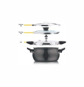 Kraft by Vinod Hard Anodised Magic Pressure Cooker - 3.5 Liters with a Pressure Cooker Lid, Straining Lid and Glass Lid (Induction and Gas Stove Friendly) , Black