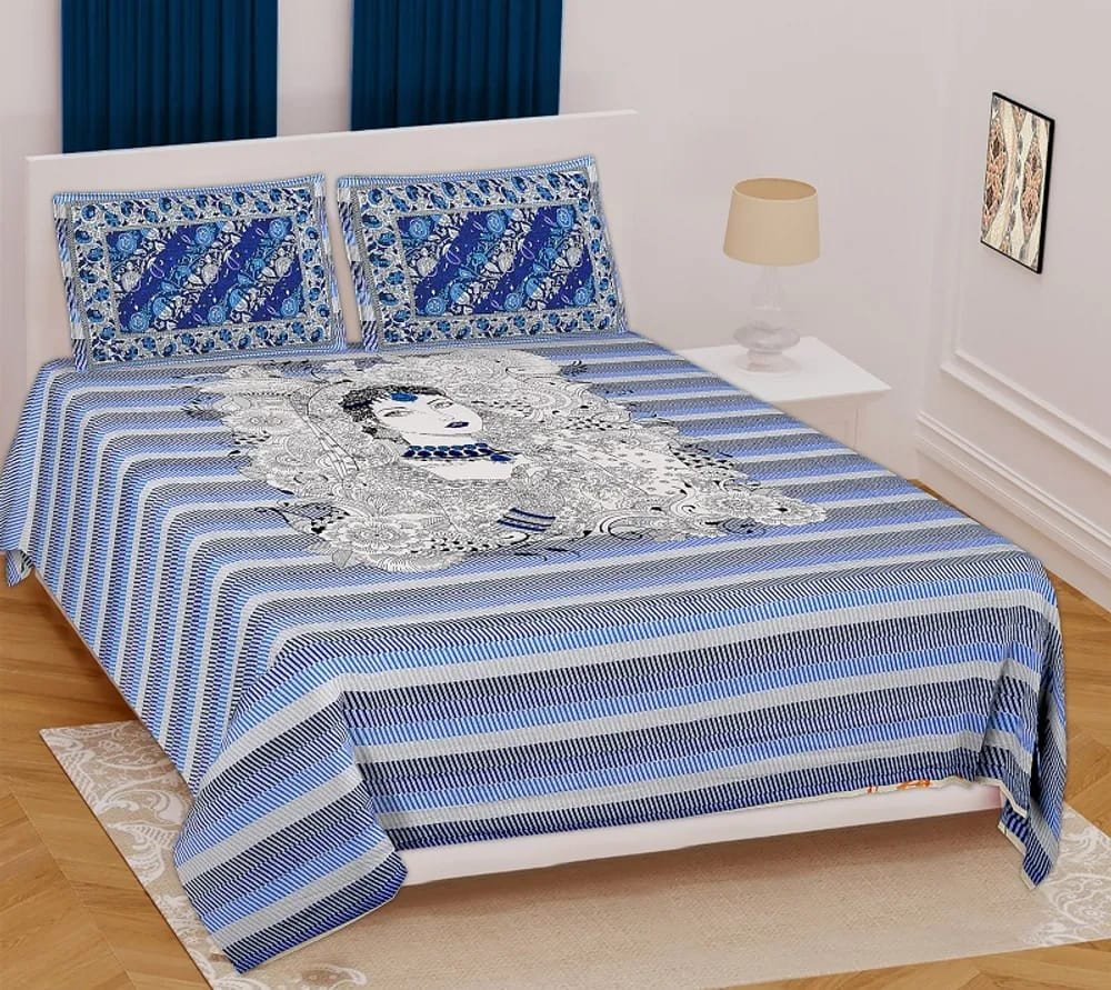 Sanganeri Mart Jaipuri Prints Cotton Bed sheet For Double Bed With Two Pillow Cover Size 85 x 95 Inch