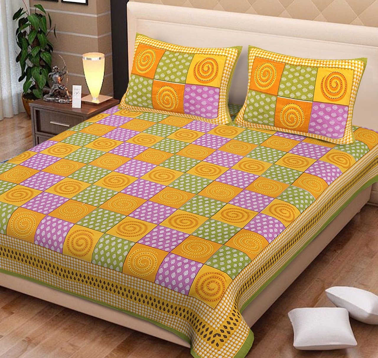 Sanganeri Mart Jaipuri Prints Cotton Bed sheet For Double Bed With Two Pillow Cover Size 85 x 95 Inch