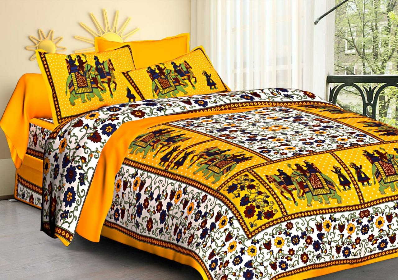 Sanganeri Mart Jaipuri Prints Cotton Bed sheet For Double Bed With Two Pillow Cover Size 85 x 95 Inch