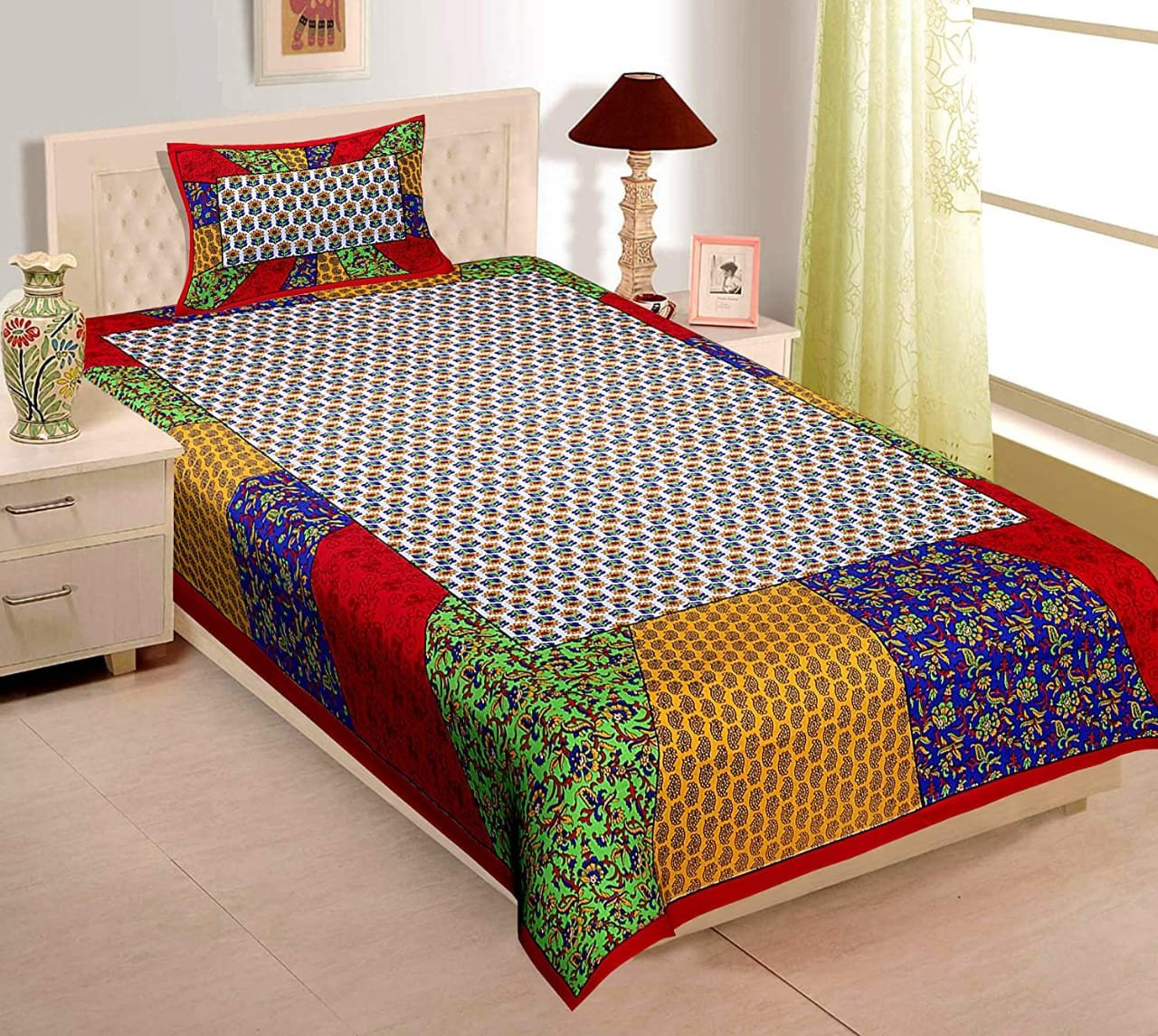 Sanganeri Mart Jaipuri Prints Cotton Bed sheet For Single Bed / Diwan Bed Sheet With One Pillow Cover Size 60 x 90 Inch