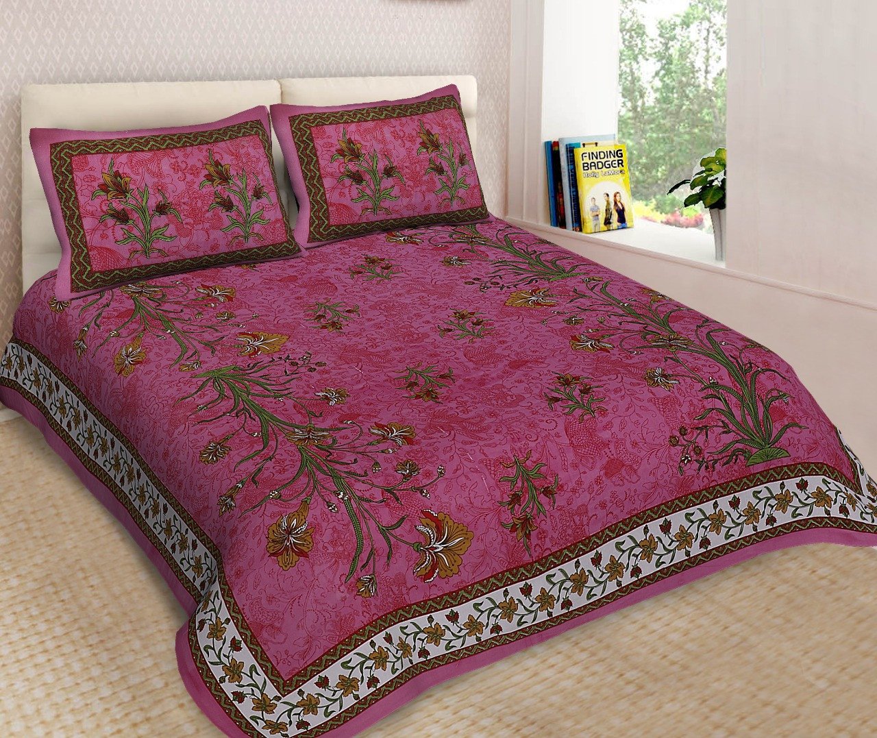 Sanganeri Mart Jaipuri Prints Cotton Bed sheet For Double Bed With Two Pillow Cover Size 85 x 95 Inch