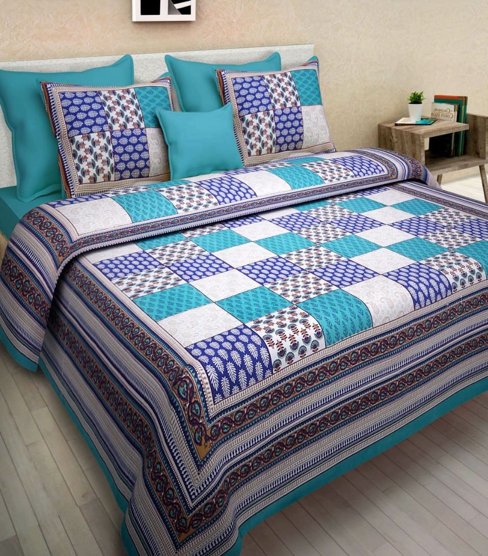 Sanganeri Mart Jaipuri Prints Cotton Bed sheet For Double Bed With Two Pillow Cover Size 85 x 95 Inch