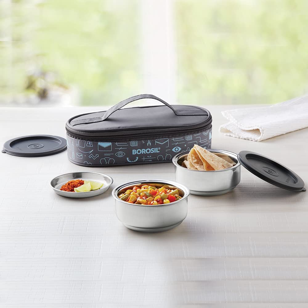 Borosil Lunch Box, Stainless Steel Lunch Box for Office, Set of 2, 180 ml Each, Silver