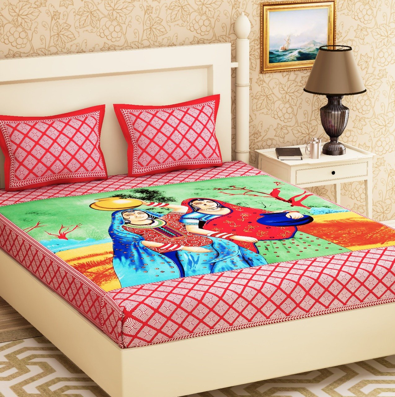 Sanganeri Mart Jaipuri Prints Cotton Bed sheet For Double Bed With Two Pillow Cover Size 85 x 95 Inch