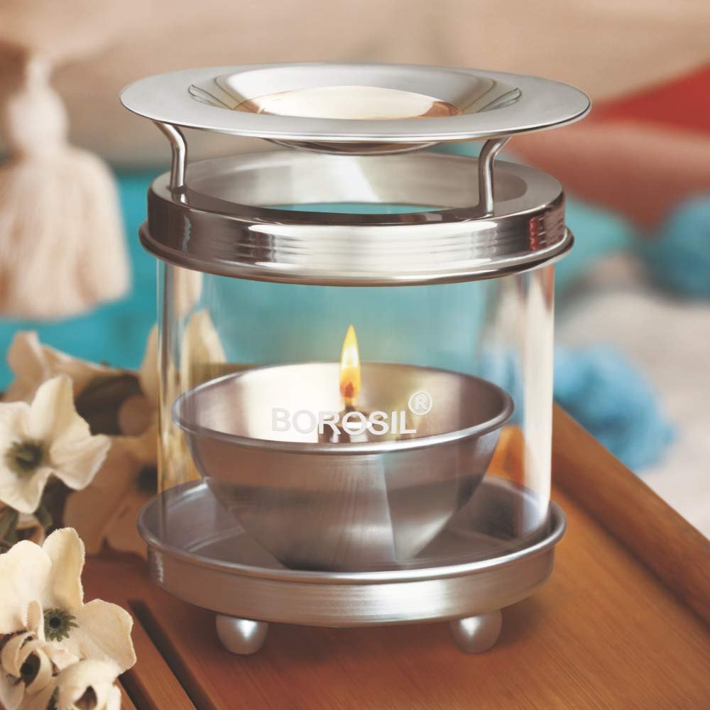 Borosil Diffuser Akhand Diya-Nickel Table Diya (Medium) Antique Festivals Table Diya