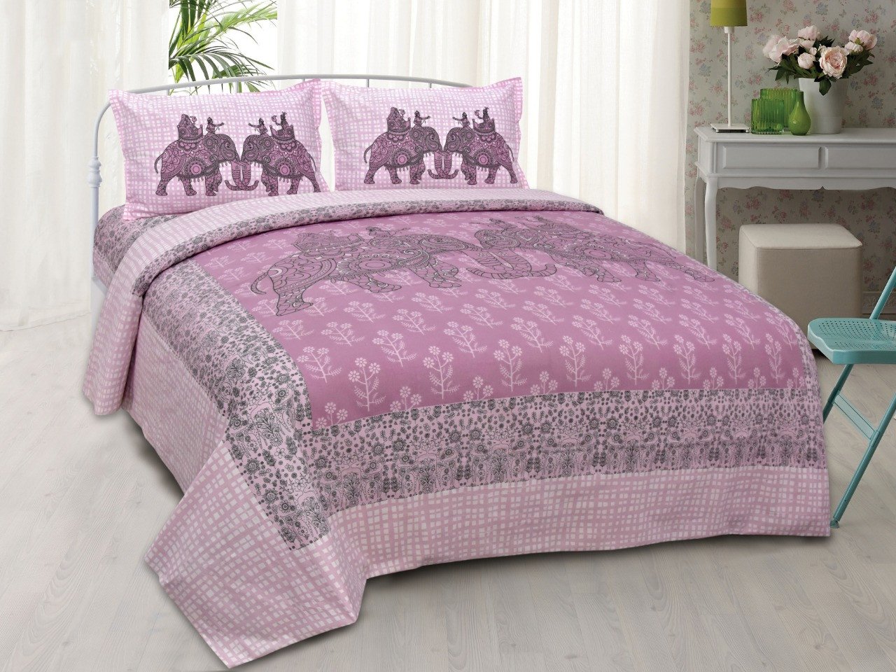 Sanganeri Mart Jaipuri Prints Cotton Bed sheet For Double Bed With Two Pillow Cover Size 85 x 95 Inch