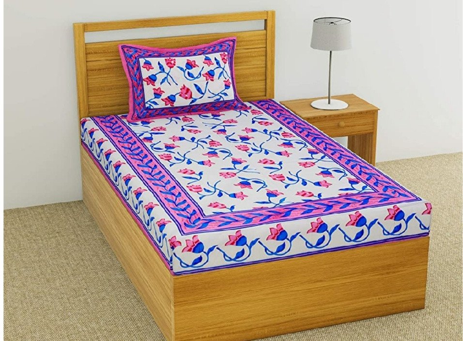 Sanganeri Mart Jaipuri Prints Cotton Bed sheet For Single Bed / Diwan Bed Sheet With One Pillow Cover Size 60 x 90 Inch