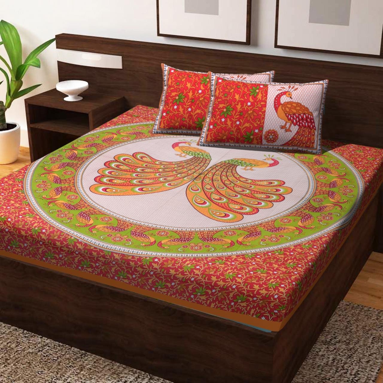 Sanganeri Mart Jaipuri Prints Cotton Bed sheet For Double Bed With Two Pillow Cover Size 85 x 95 Inch