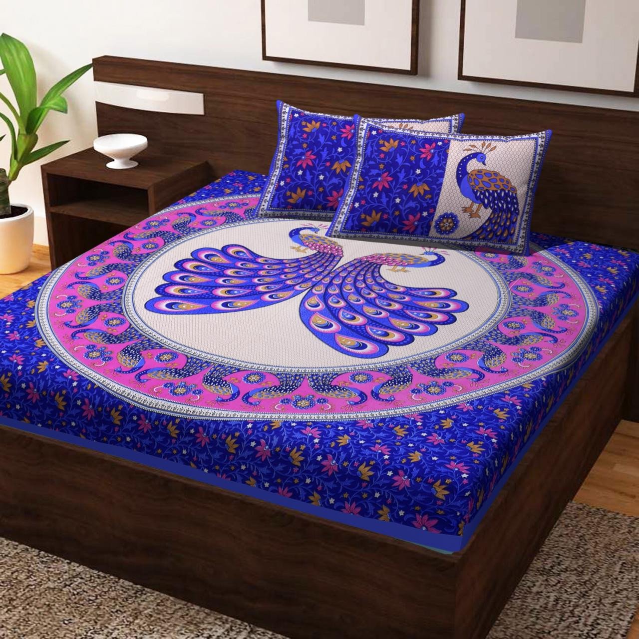 Sanganeri Mart Jaipuri Prints Cotton Bed sheet For Double Bed With Two Pillow Cover Size 85 x 95 Inch