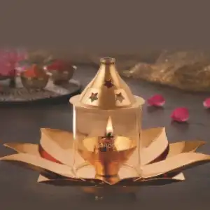 Decorate Pure Brass Kamal Akhand Diya-Borosil Table Diya-(Small)