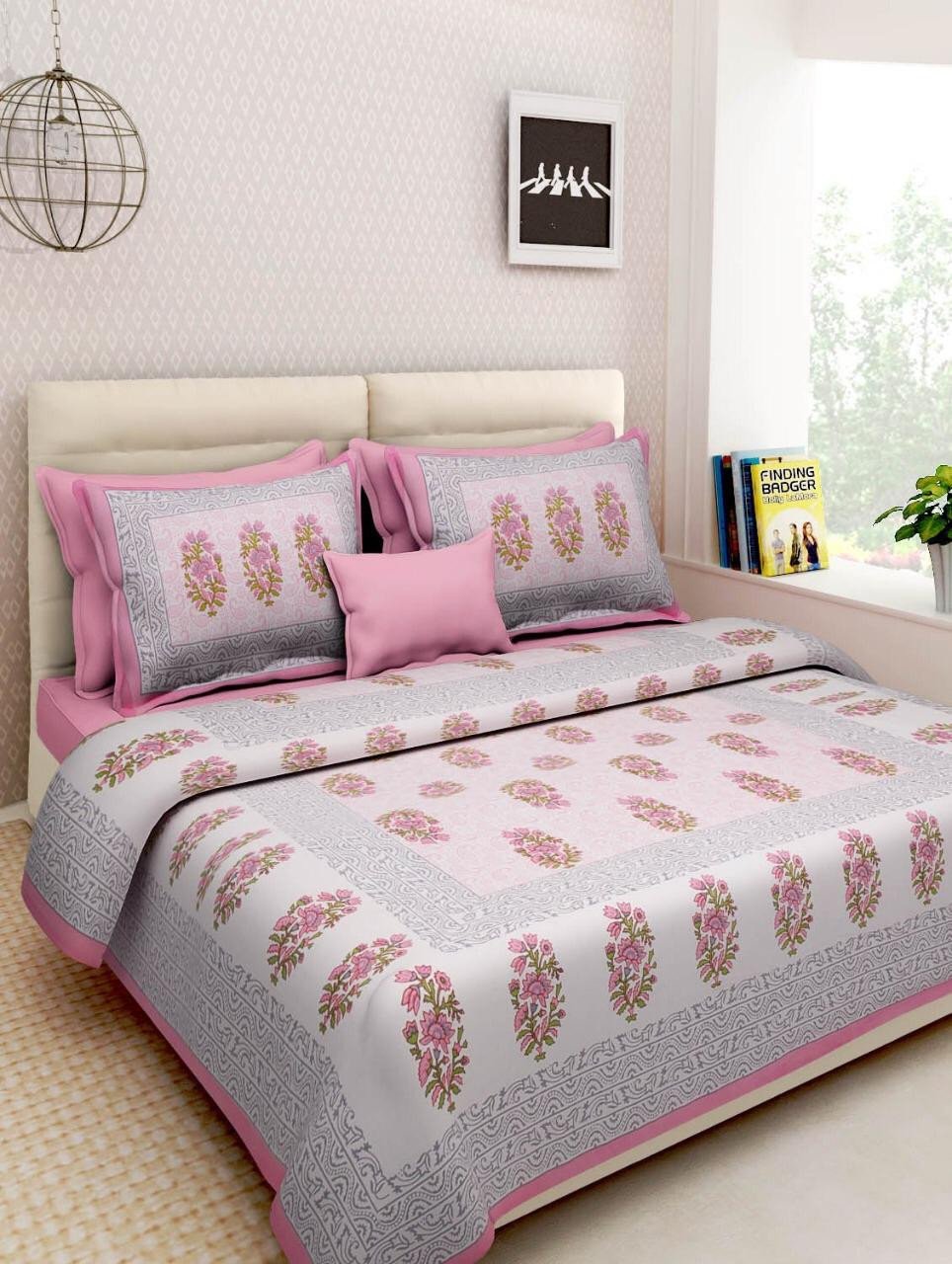 Sanganeri Mart Jaipuri Prints Cotton Bed sheet For Double Bed With Two Pillow Cover Size 85 x 95 Inch