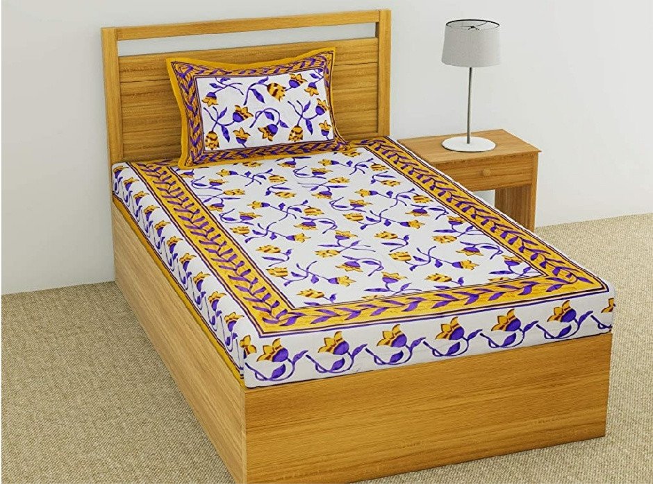Sanganeri Mart Jaipuri Prints Cotton Bed sheet For Single Bed / Diwan Bed Sheet With One Pillow Cover Size 60 x 90 Inch