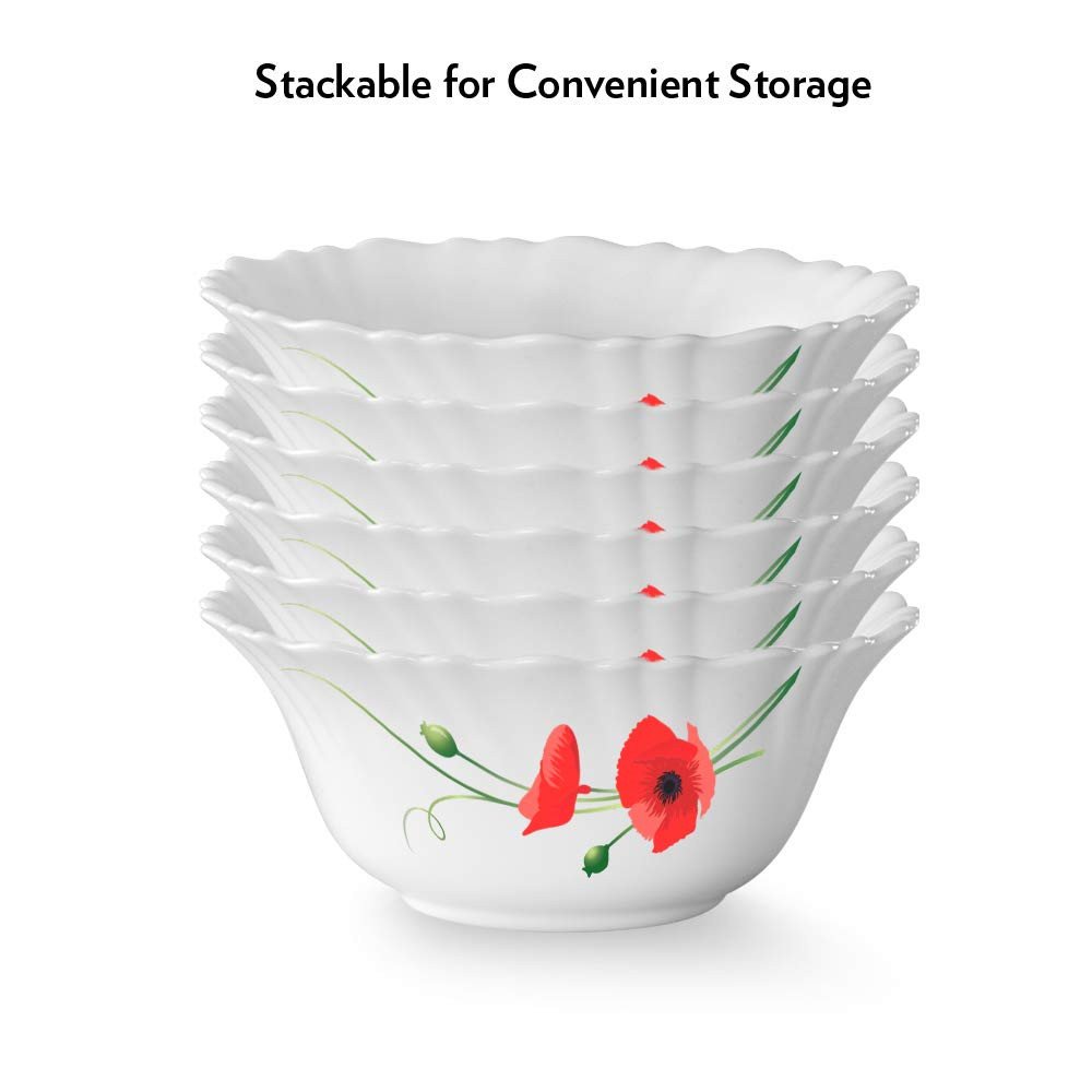 Larah by BOROSIL Opalware Veg Bowl - Set of 6 - R.Carnation - 4.5 inch, White