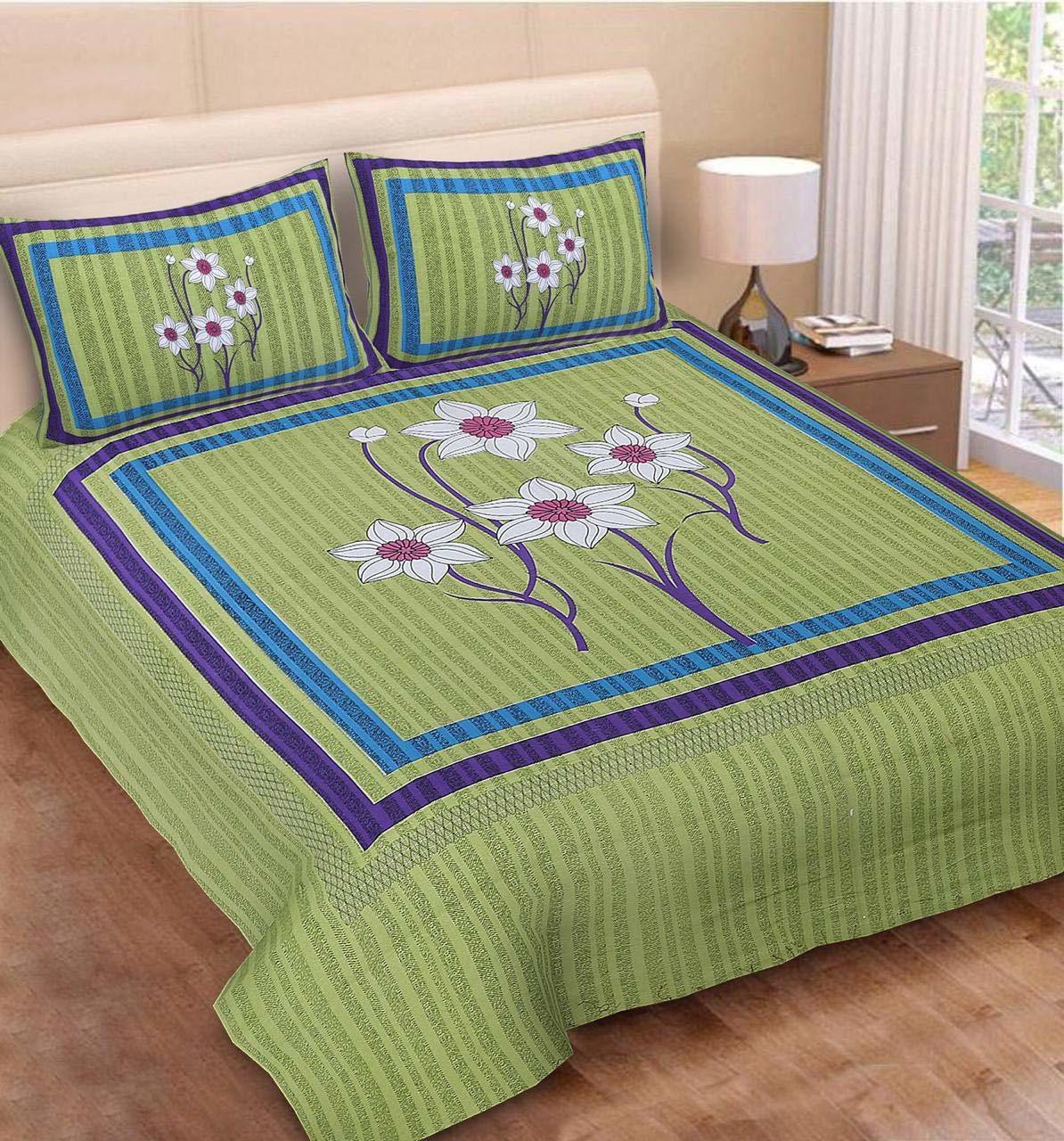 Sanganeri Mart Jaipuri Prints Cotton Bed sheet For Double Bed With Two Pillow Cover Size 85 x 95 Inch