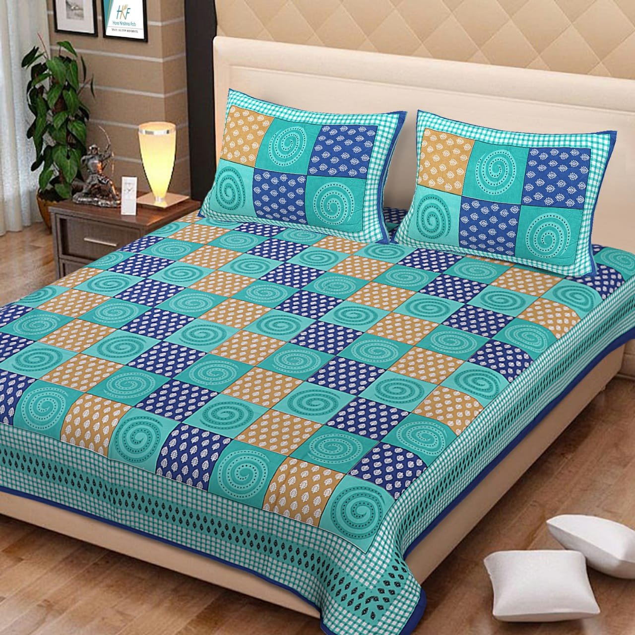 Sanganeri Mart Jaipuri Prints Cotton Bed sheet For Double Bed With Two Pillow Cover Size 85 x 95 Inch